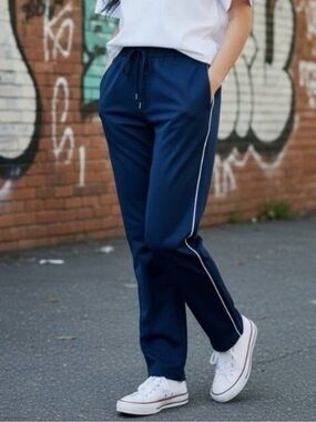 Wildfang The Essential Piped Drawstring Pant, Blue/White, Size L, NWT!
